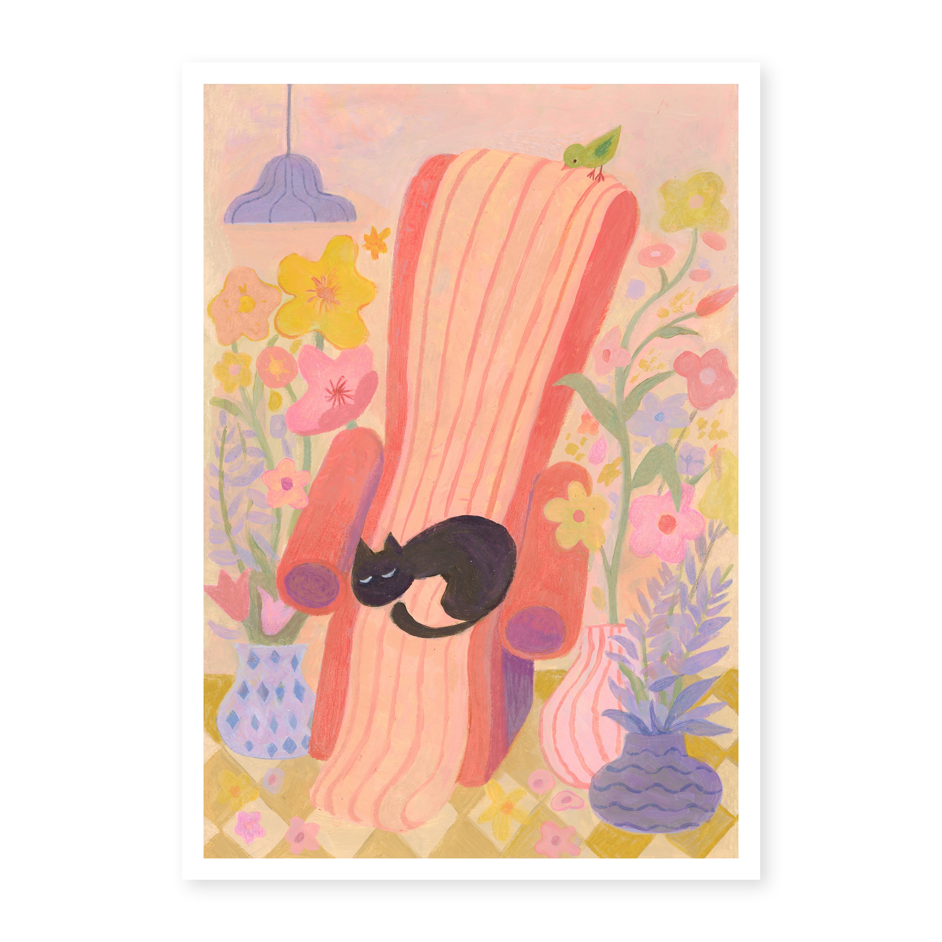 Dreaming in Bloom | Black Cat Napping Art Print | Cosy Floral Wall Art