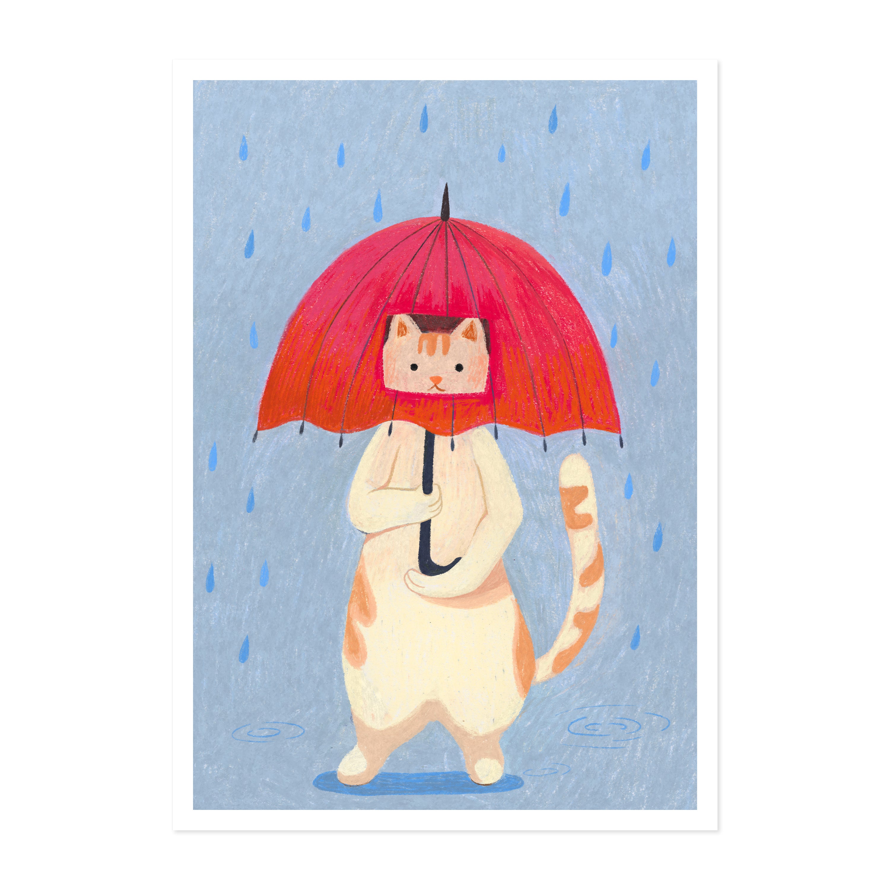 Rainy Day Cat Hand-Drawn Art Print | Nursery Gift