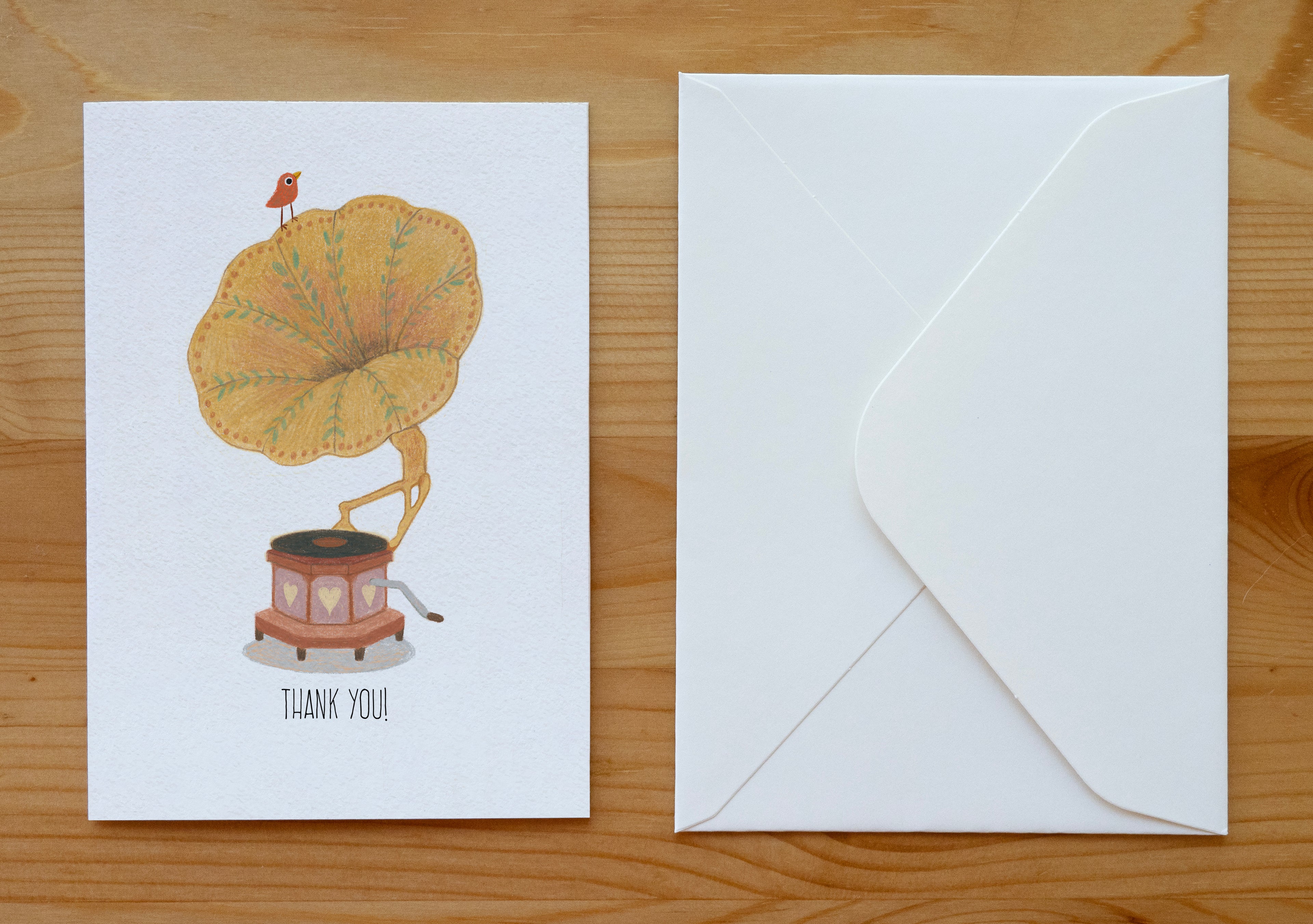 Whimsical Songbird & Gramophone Thank You Card | Illustrated Stationery