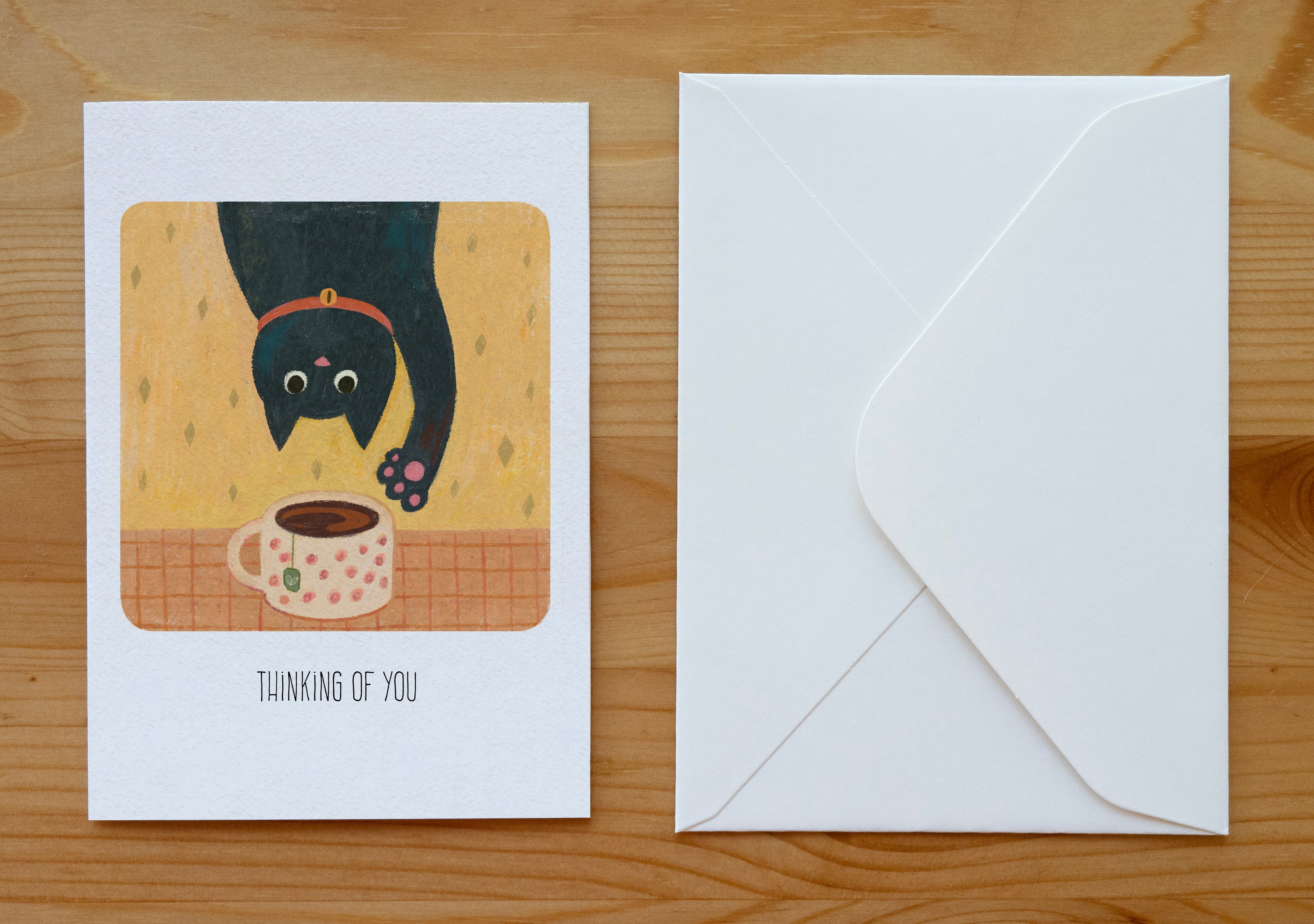 Playful Black Cat & Tea Cup Thinking of You Card | Illustrated Stationery