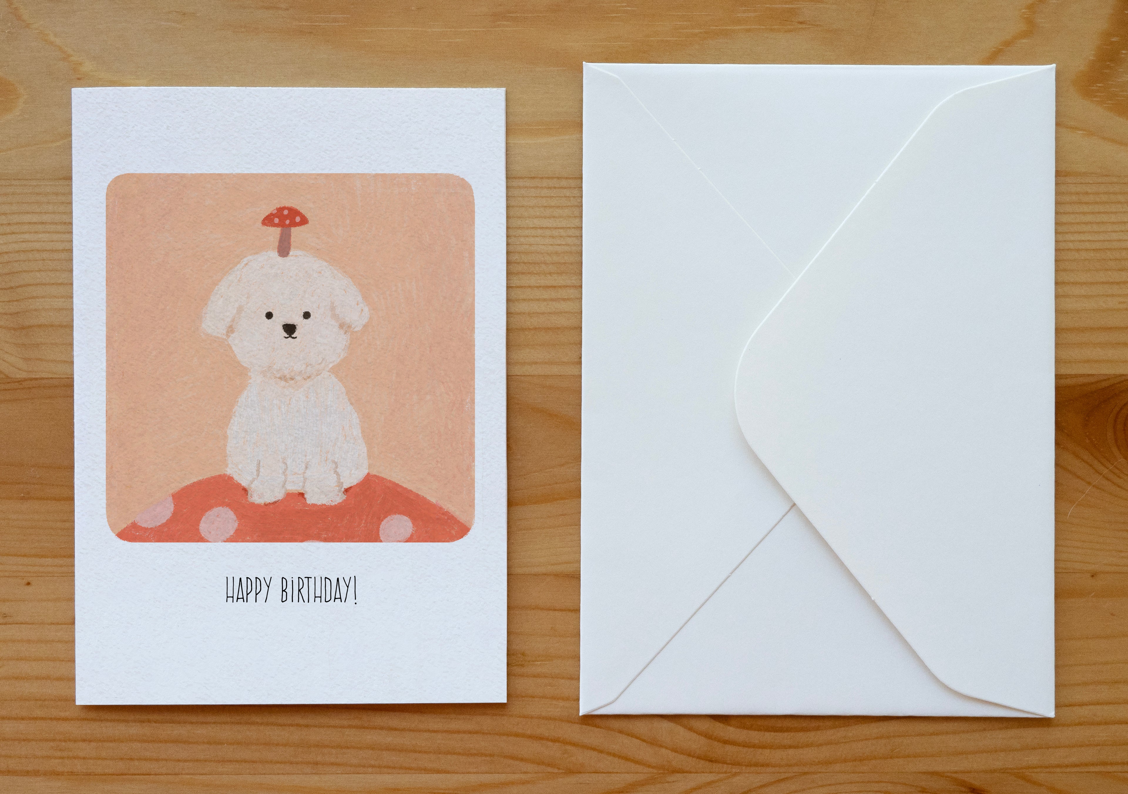 Cozy Fluffy Puppy & Mushroom Birthday Card | Illustrated Stationery