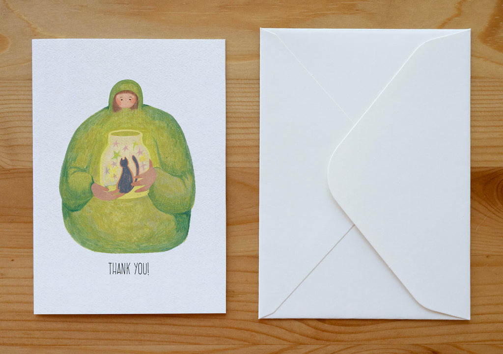 Cozy Girl with Starry Cat Jar Thank You Card | Illustrated Stationery