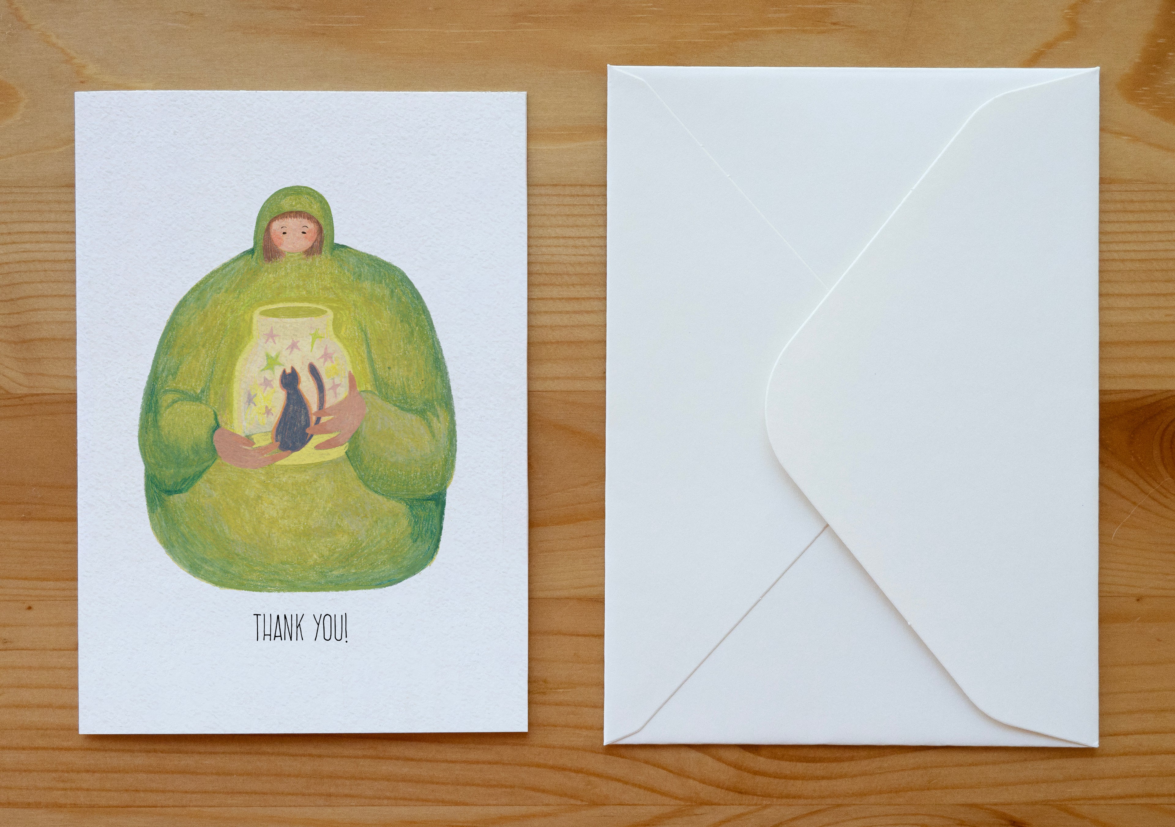 Cozy Girl with Starry Cat Jar Thank You Card | Illustrated Stationery