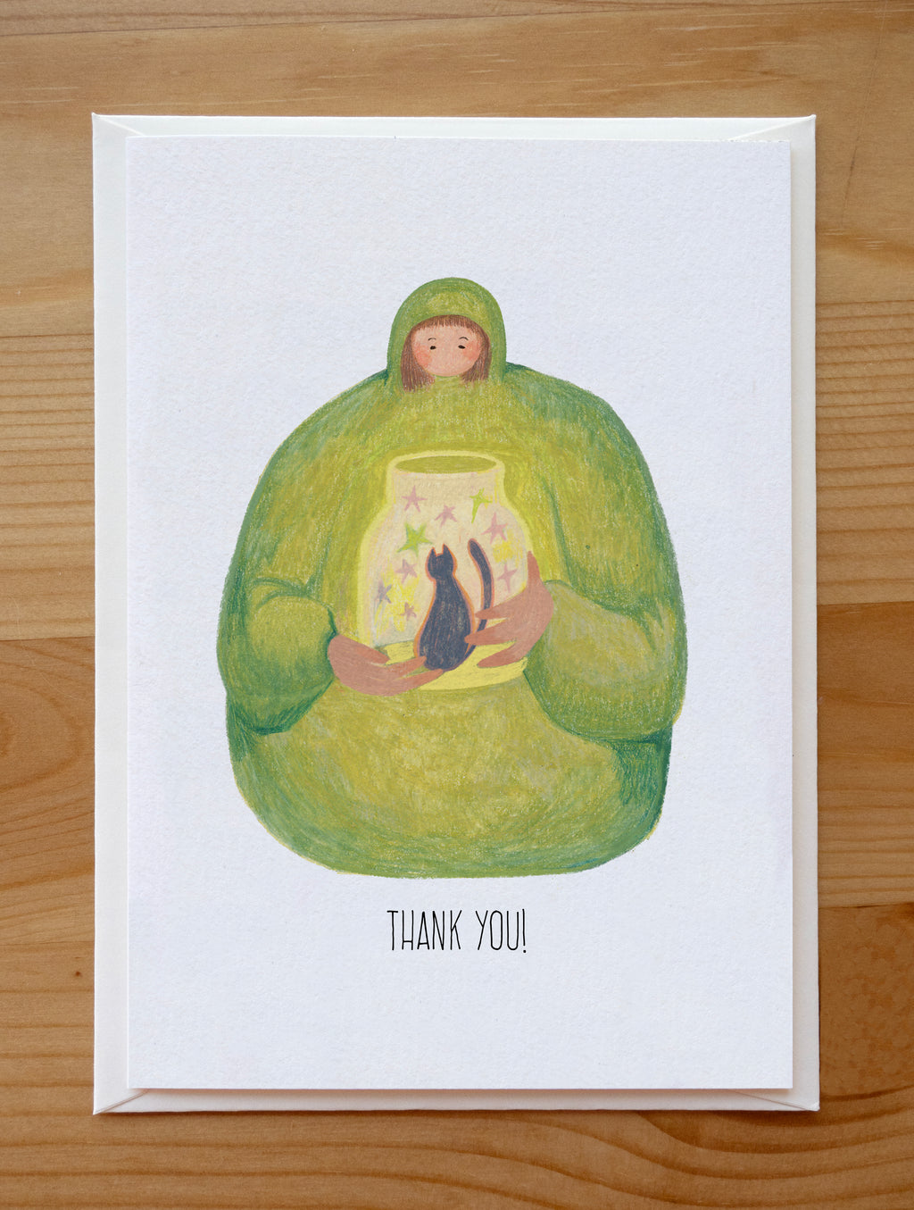 Cozy Girl with Starry Cat Jar Thank You Card | Illustrated Stationery