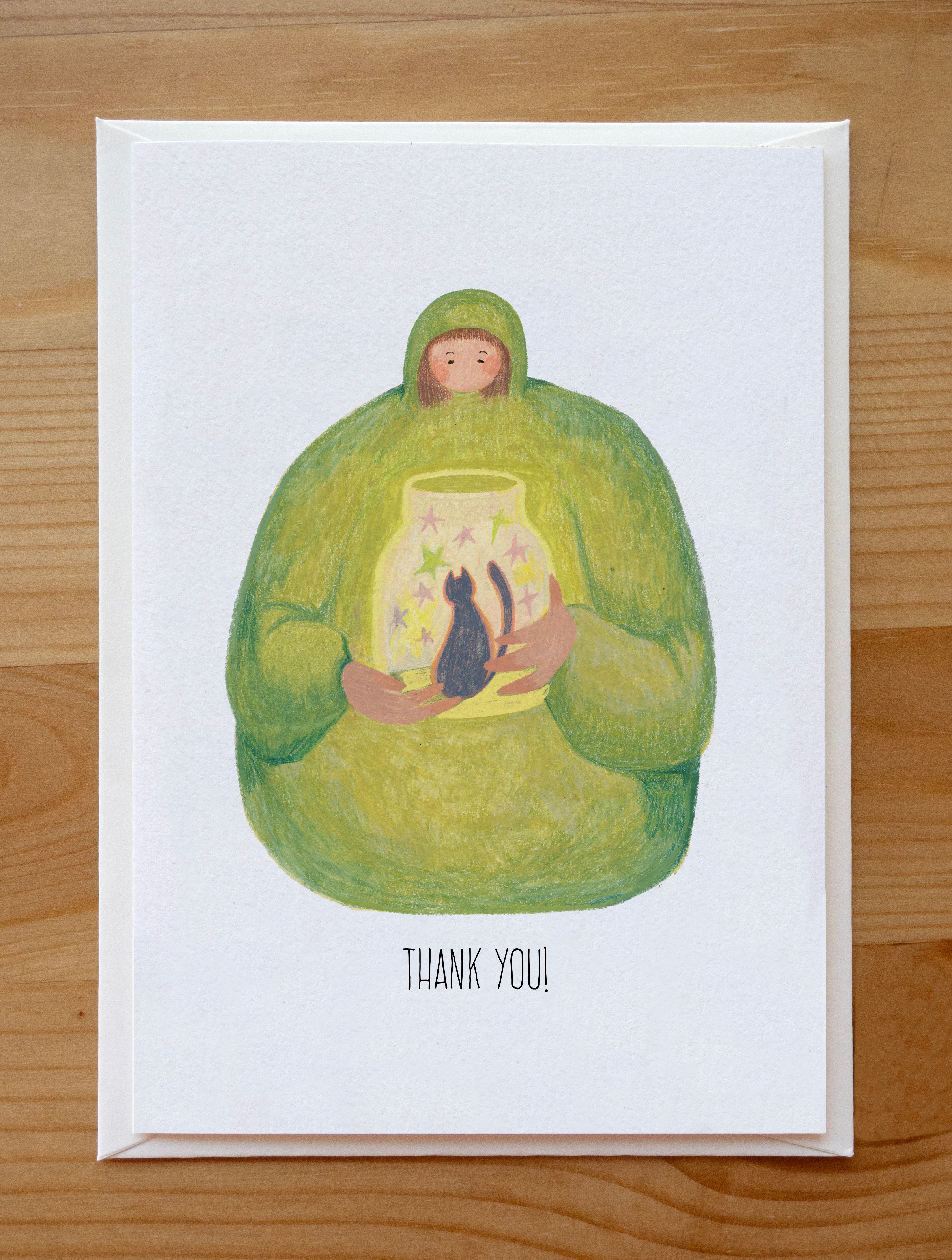 Cozy Girl with Starry Cat Jar Thank You Card | Illustrated Stationery