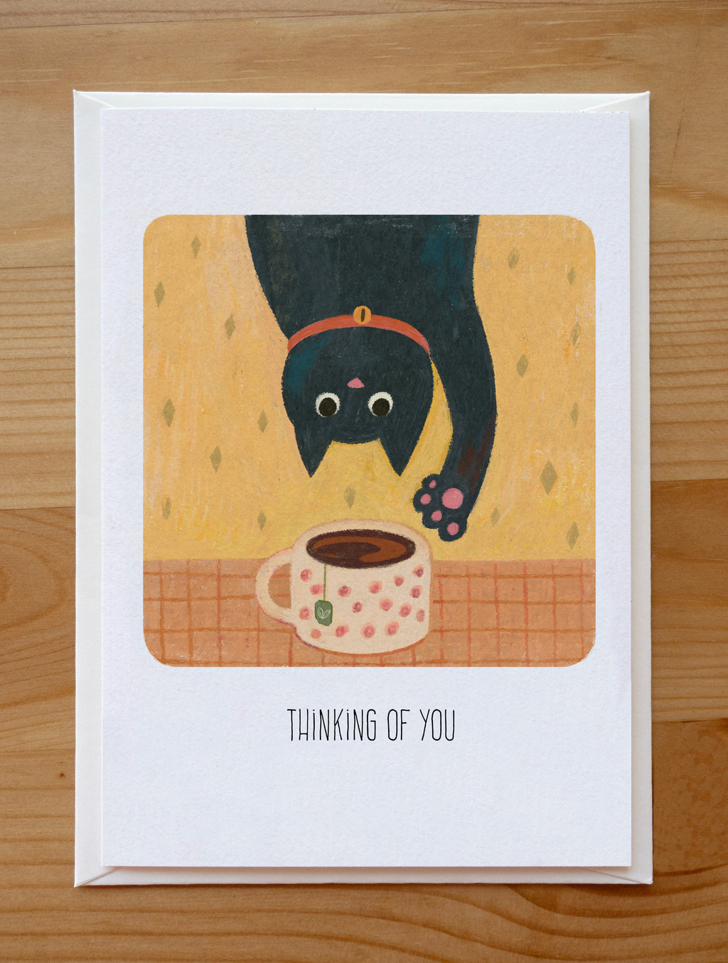Playful Black Cat & Tea Cup Thinking of You Card | Illustrated Stationery