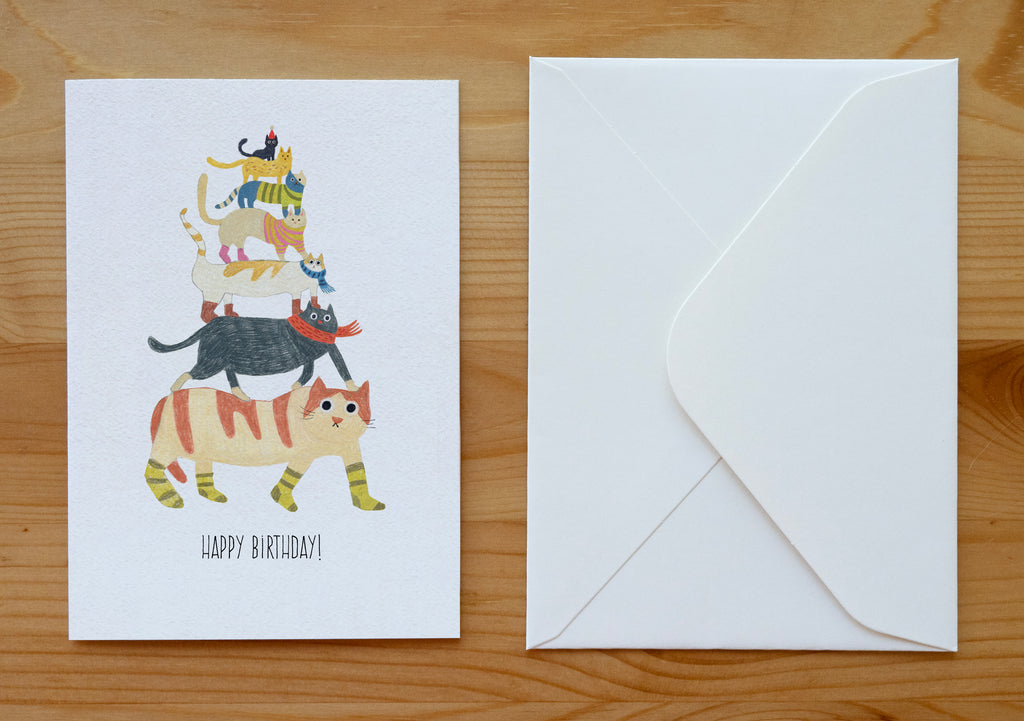 Happy Birthday Cat Tower Card - Funny Cats in Socks & Scarves, Blank Greeting Card