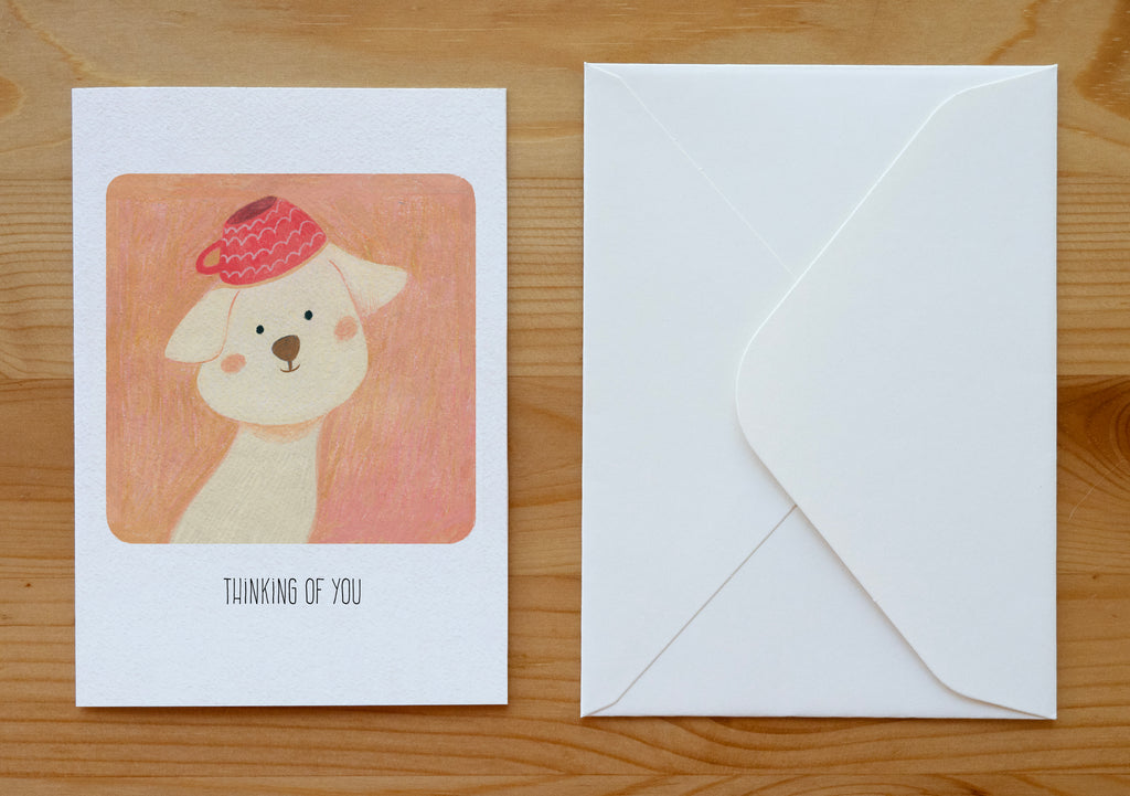 Sweet Dog with Teacup Hat Thinking of You Card | Illustrated Stationery