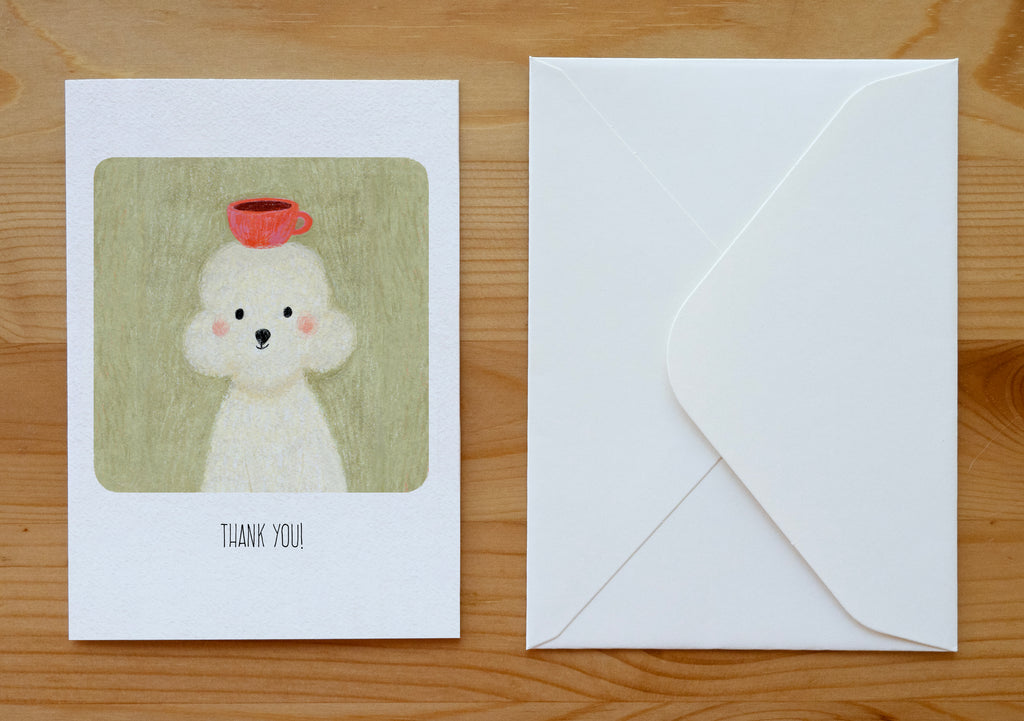 Cute Poodle with Coffee Cup Thank You Card | Illustrated Stationery