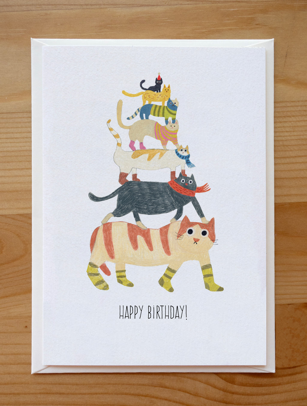 Happy Birthday Cat Tower Card - Funny Cats in Socks & Scarves, Blank Greeting Card