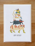 Happy Birthday Cat Tower Card - Funny Cats in Socks & Scarves, Blank Greeting Card