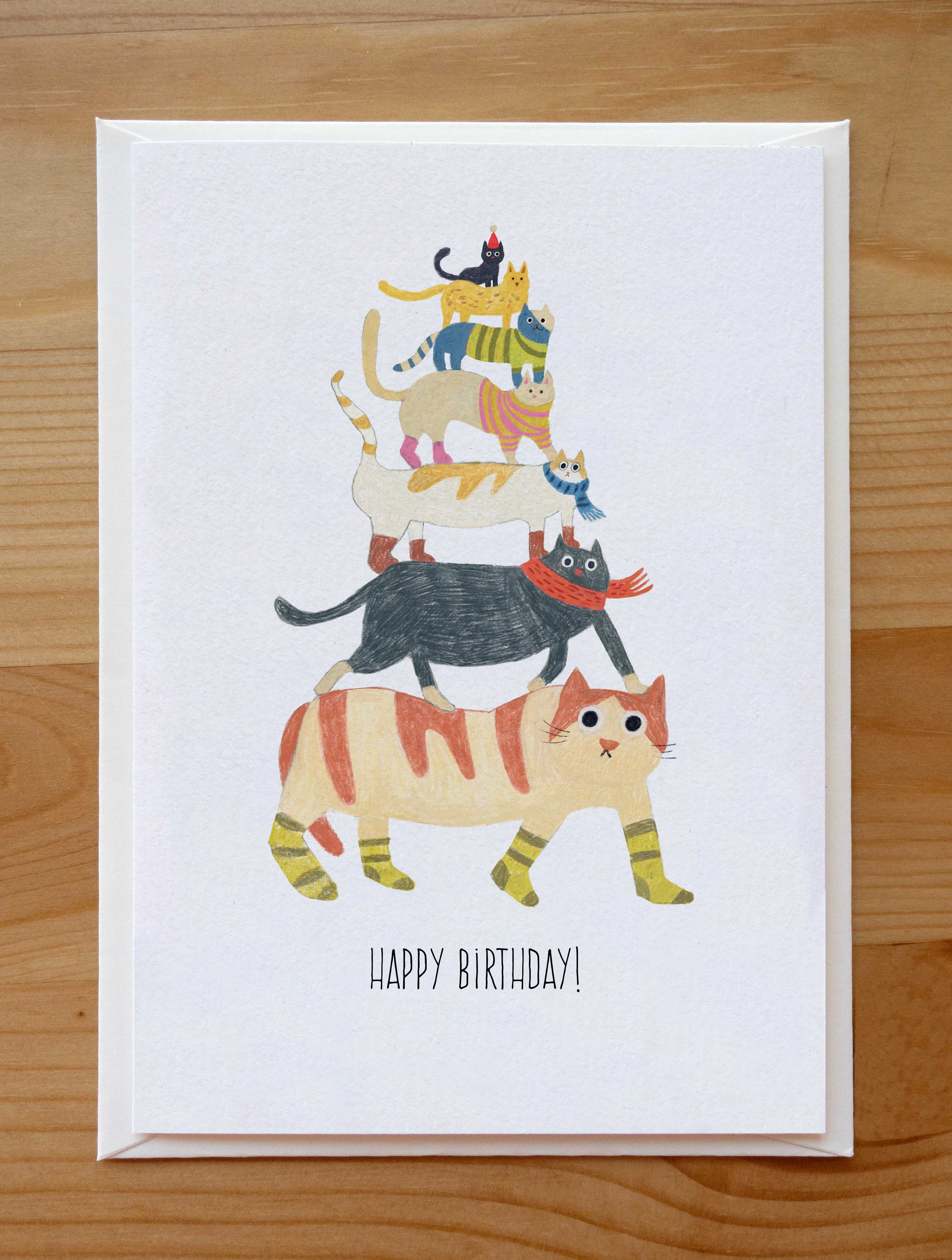 Happy Birthday Cat Tower Card - Funny Cats in Socks & Scarves, Blank Greeting Card