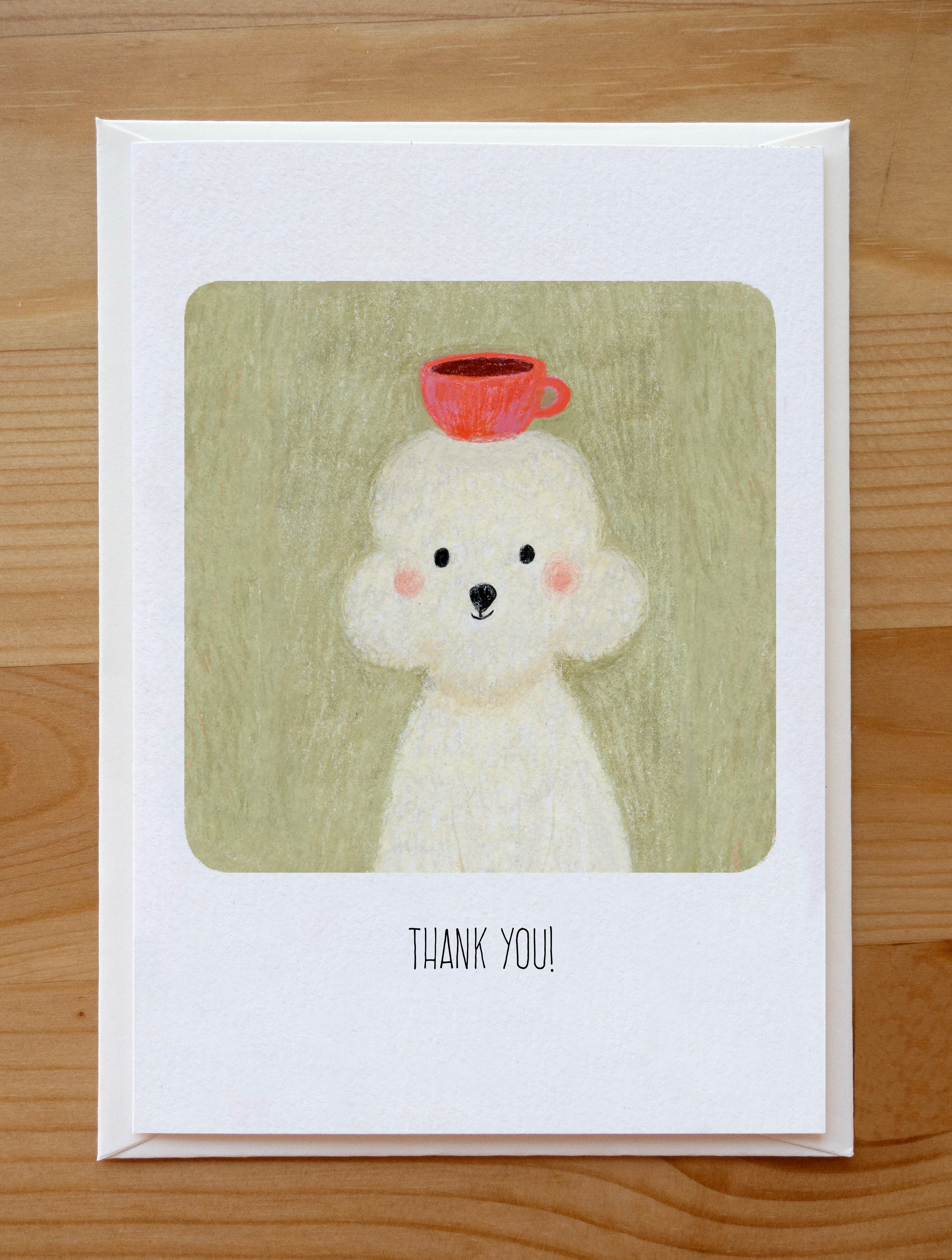 Cute Poodle with Coffee Cup Thank You Card | Illustrated Stationery