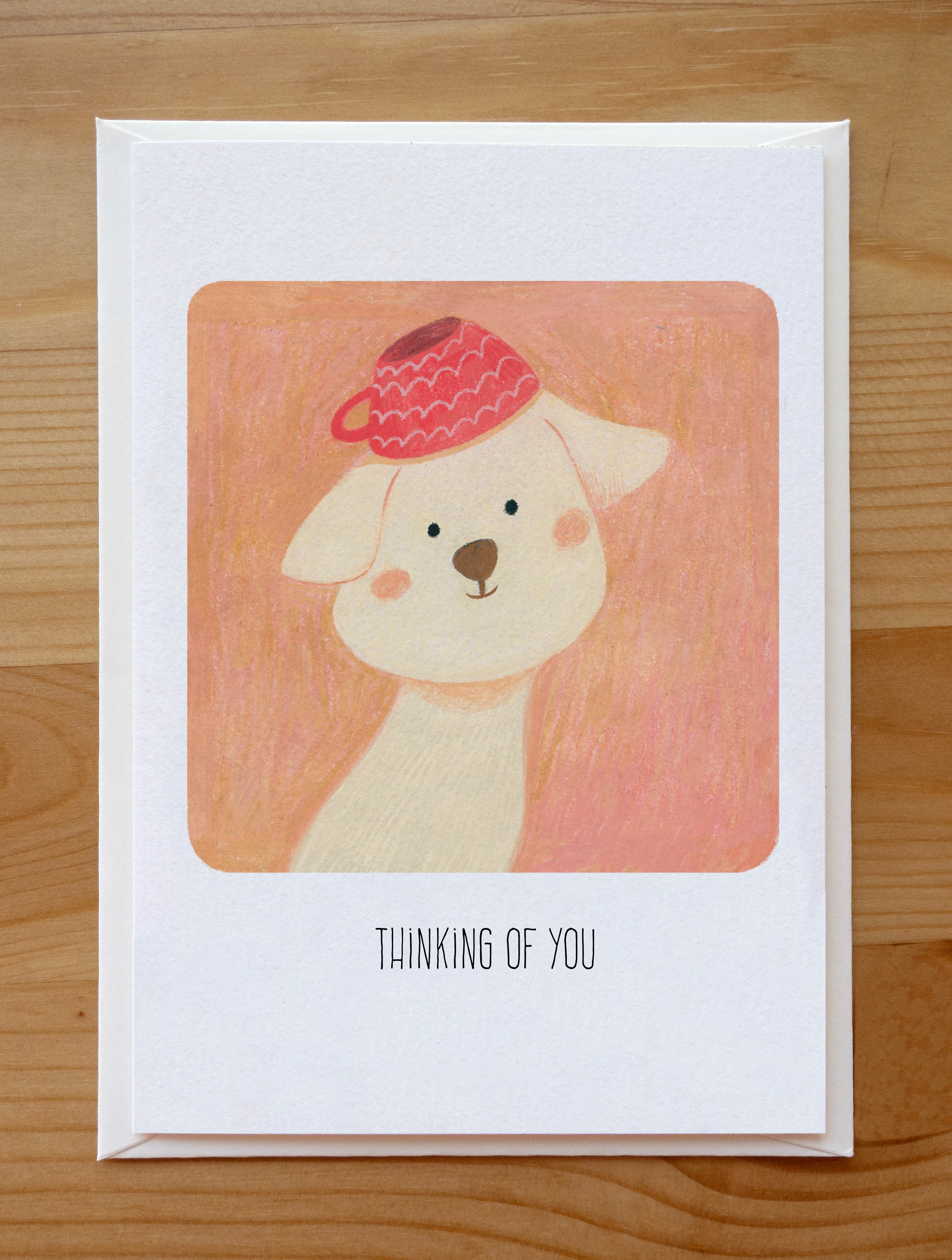 Sweet Dog with Teacup Hat Thinking of You Card | Illustrated Stationery