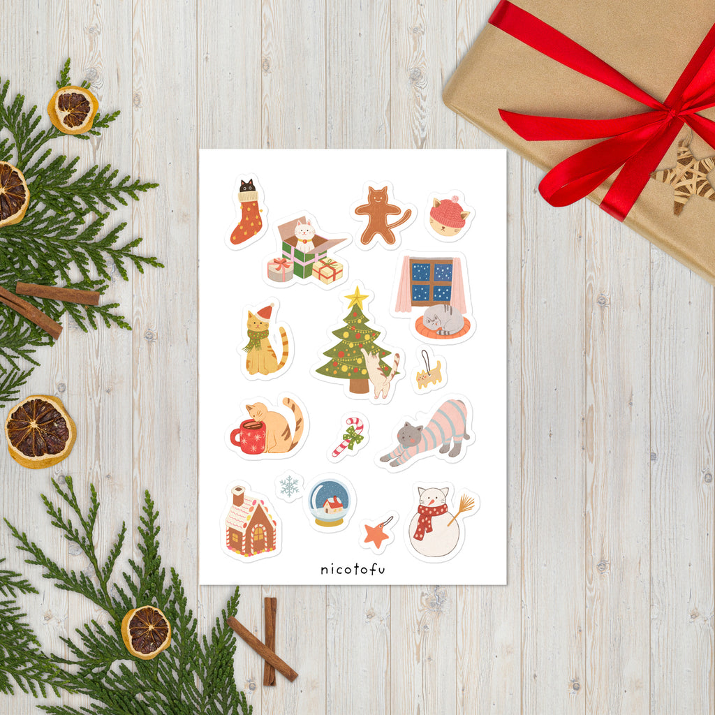 Christmas Cats Sticker Sheet | Cosy Holiday Illustrated Stickers | Festive Winter Collection