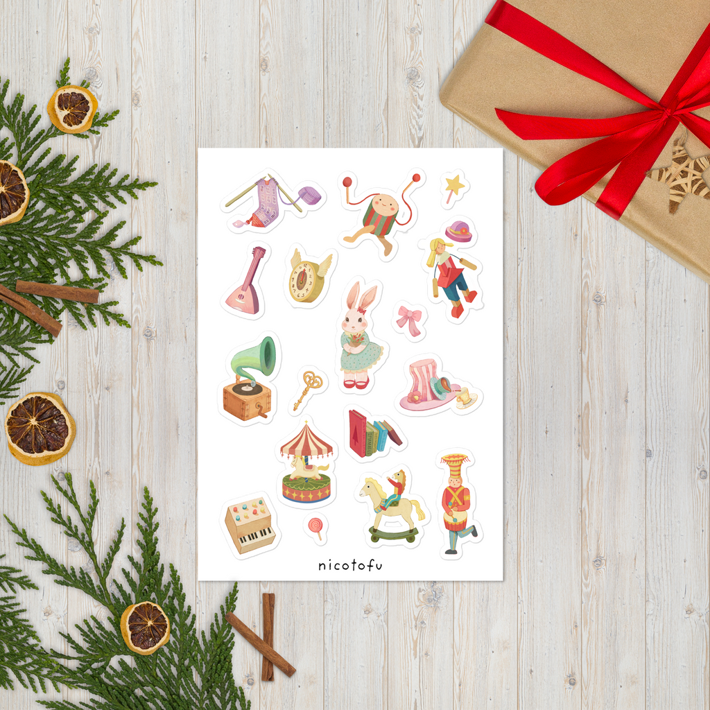 Vintage Toy Shop Sticker Sheet | Circus & Fairytale Illustrated Stickers | Nostalgic Collectible