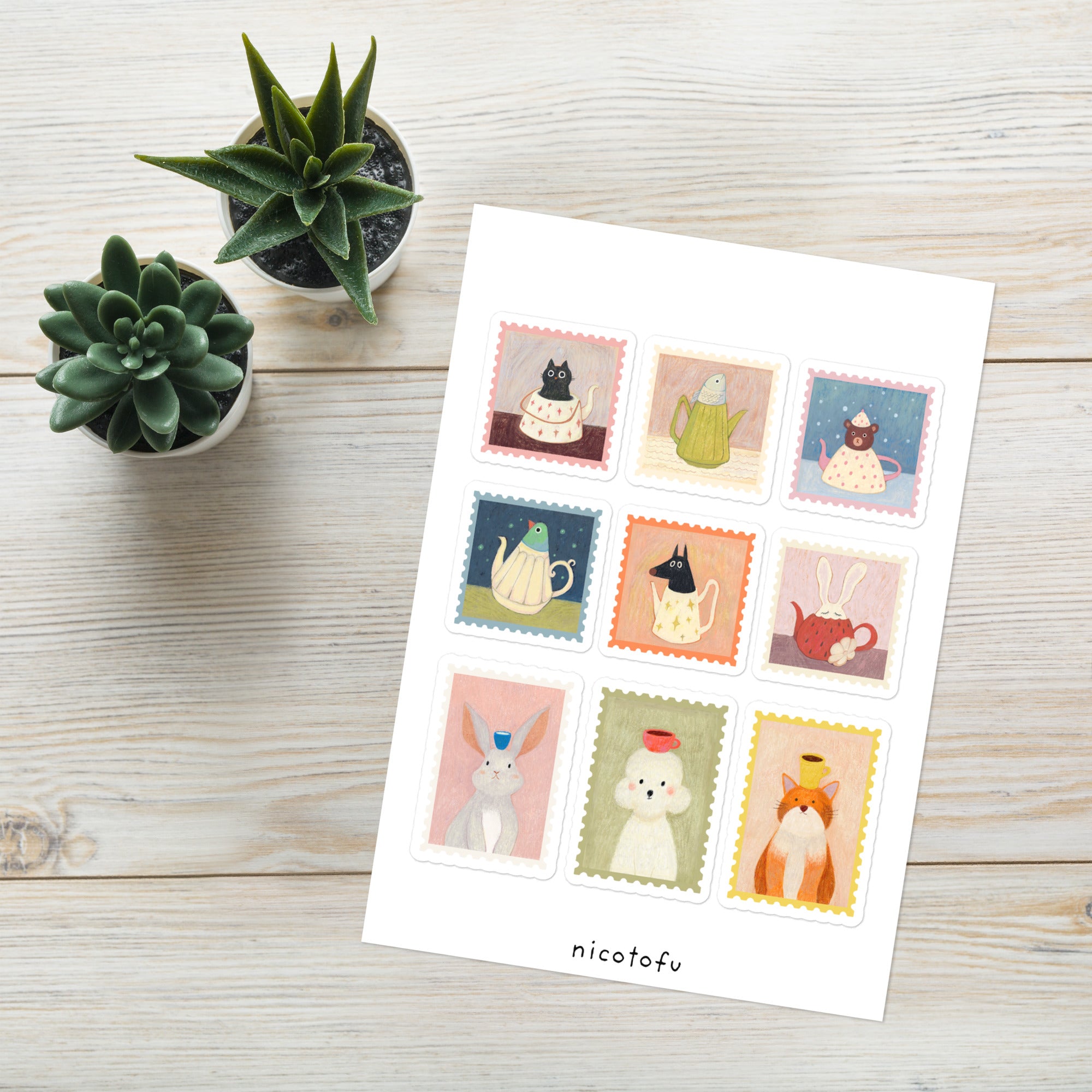 Teapot Friends Stamp Sticker Sheet: Vintage Animal Stamp Stickers | Illustrated Collectible Stickers