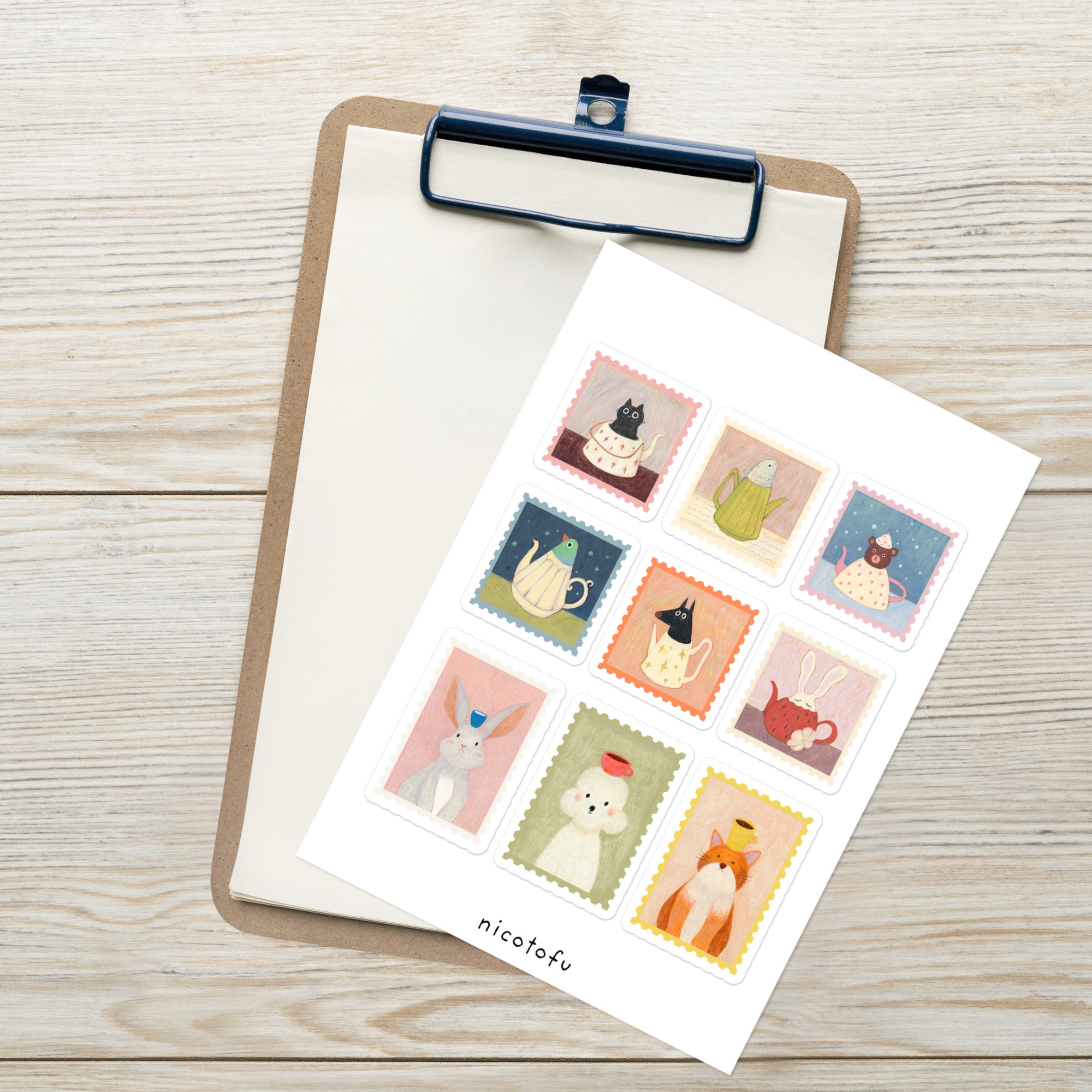 Teapot Friends Stamp Sticker Sheet: Vintage Animal Stamp Stickers | Illustrated Collectible Stickers