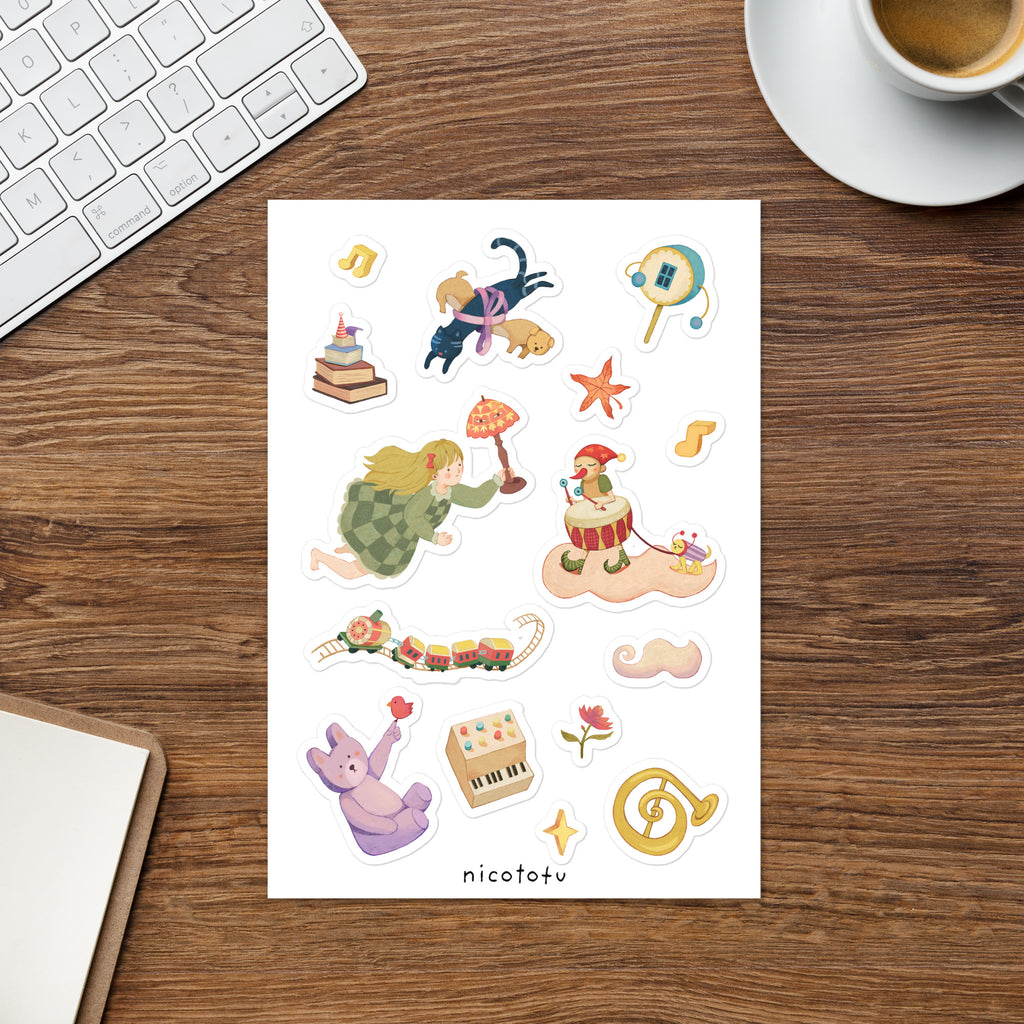 Toy Box Serenade Sticker Sheet | Whimsical Music & Fantasy Illustrated Stickers