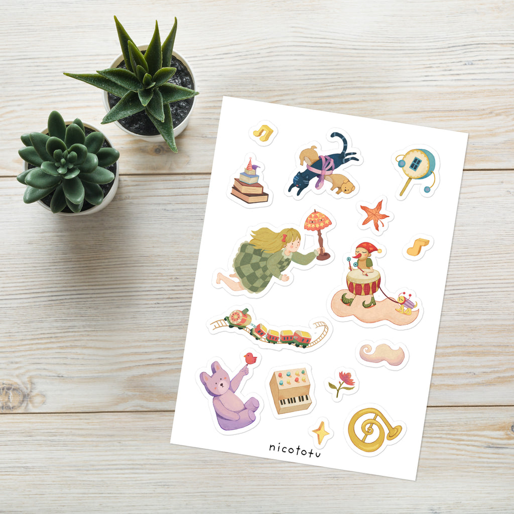 Toy Box Serenade Sticker Sheet | Whimsical Music & Fantasy Illustrated Stickers