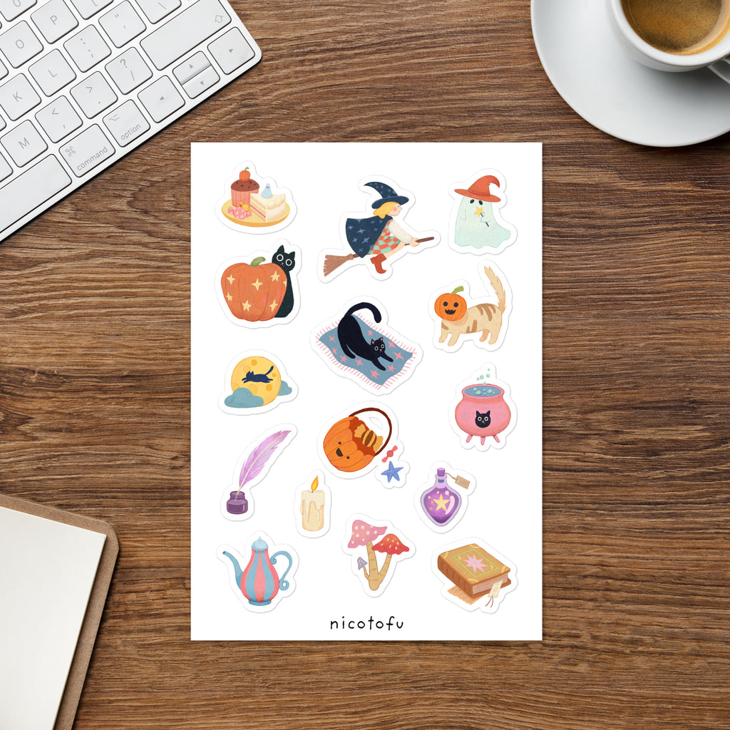 Witch's Cottage Sticker Sheet | Cosy Halloween Illustrated Stickers | Spooky Cute Autumn