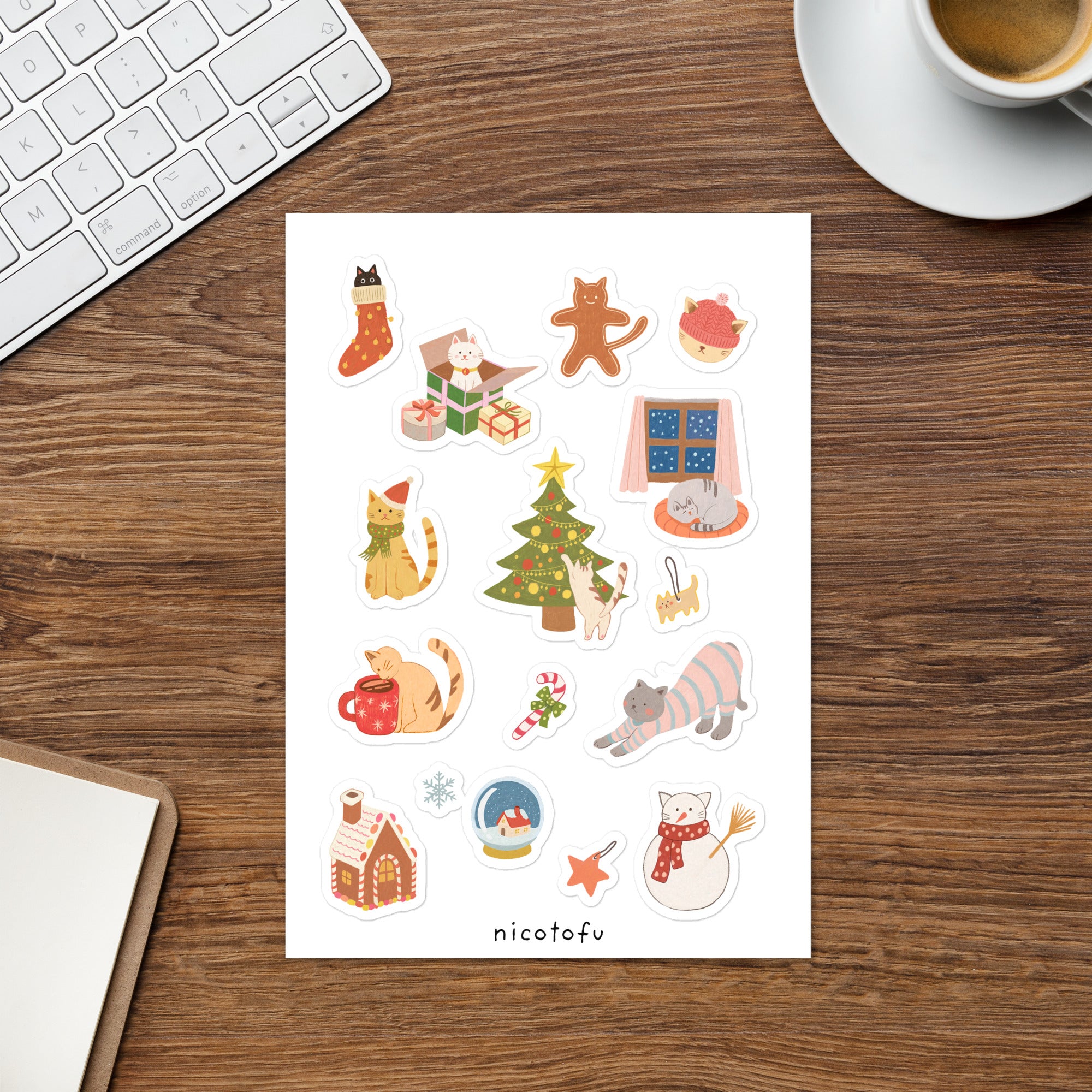 Christmas Cats Sticker Sheet | Cosy Holiday Illustrated Stickers | Festive Winter Collection