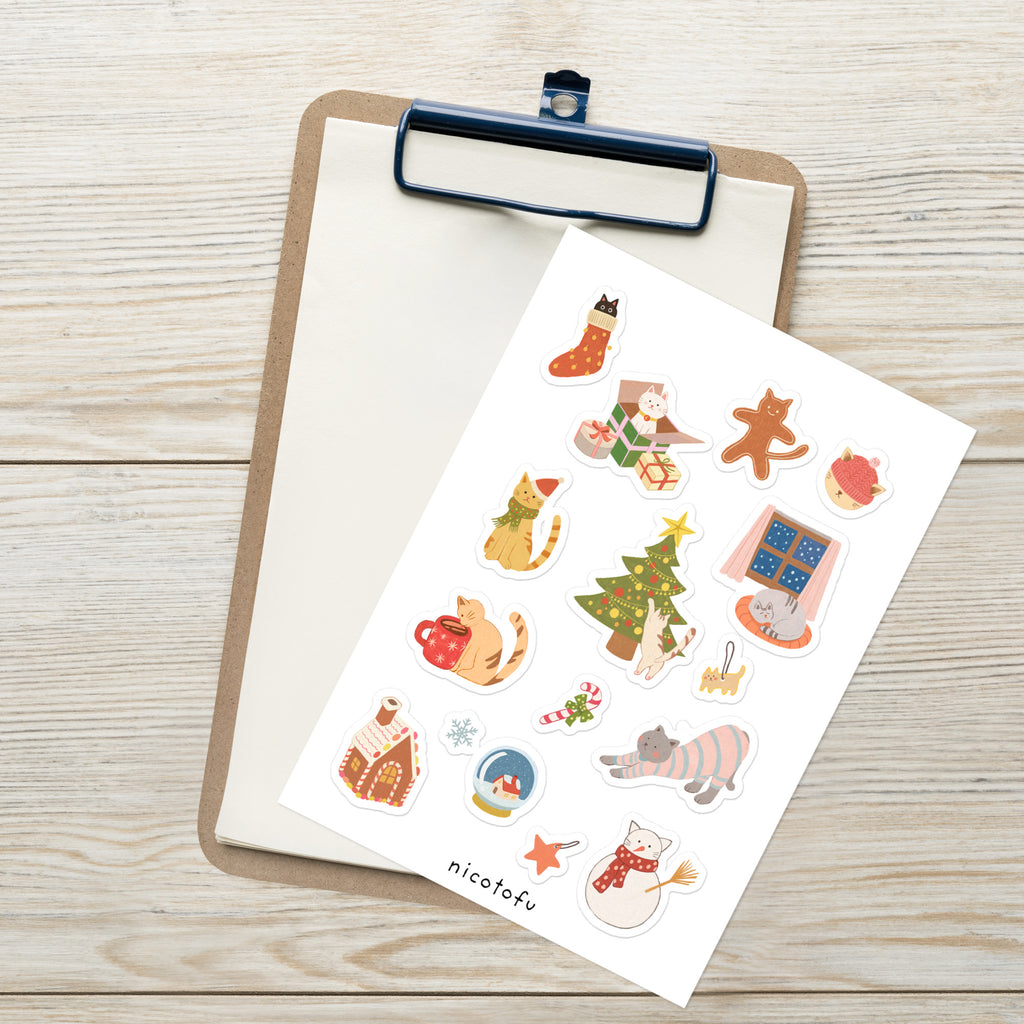 Christmas Cats Sticker Sheet | Cosy Holiday Illustrated Stickers | Festive Winter Collection