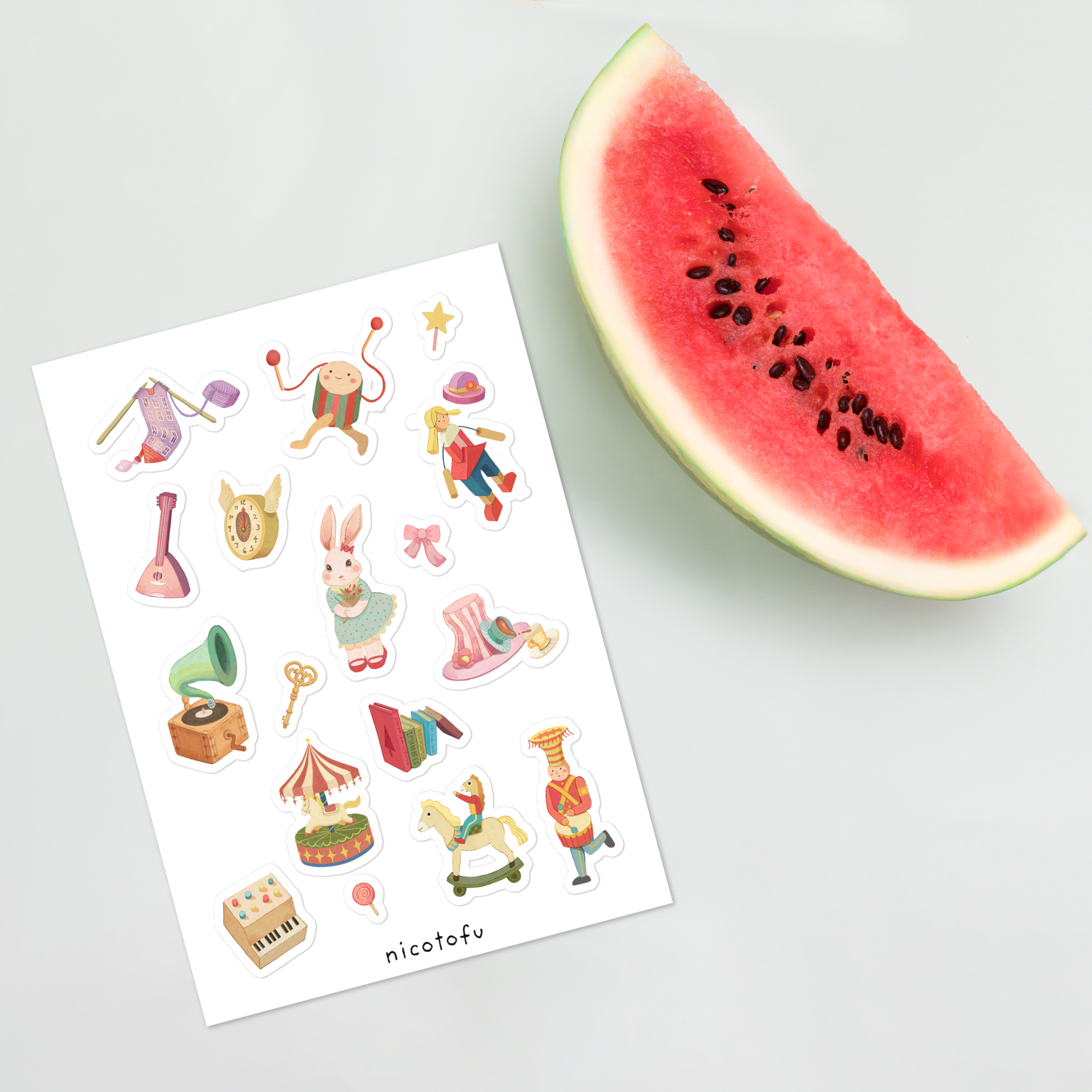 Vintage Toy Shop Sticker Sheet | Circus & Fairytale Illustrated Stickers | Nostalgic Collectible
