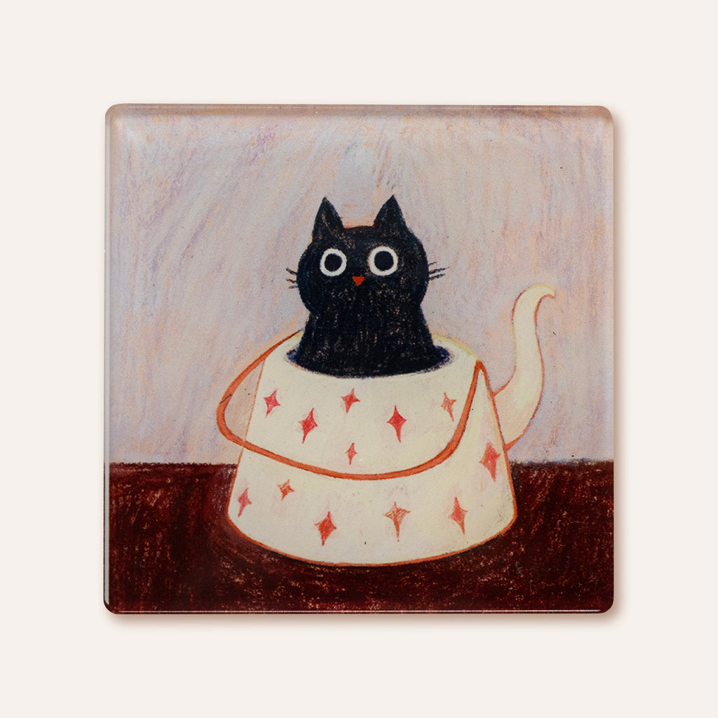 Black Cat in Teapot Fridge Magnet | Illustrated Acrylic Magnet