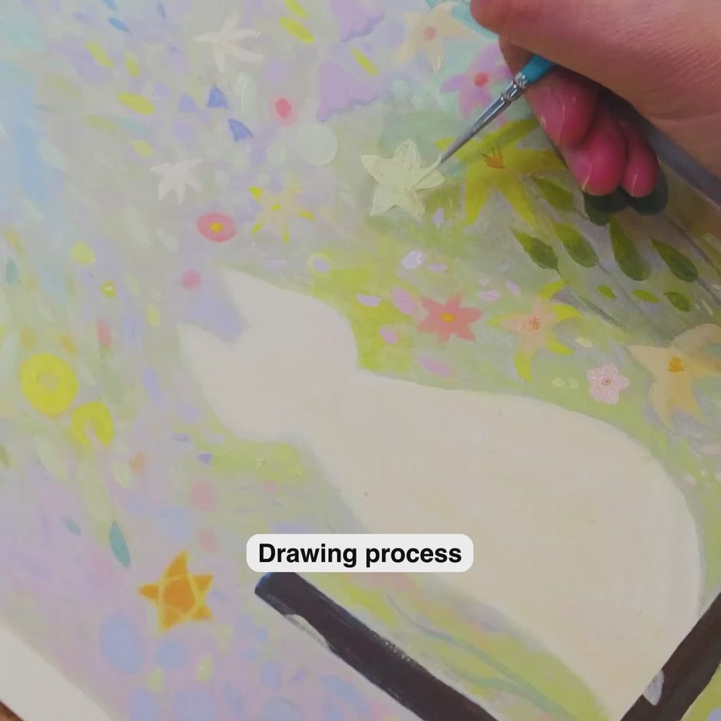 White Cat in the Garden | Dreamy Floral Wall Art