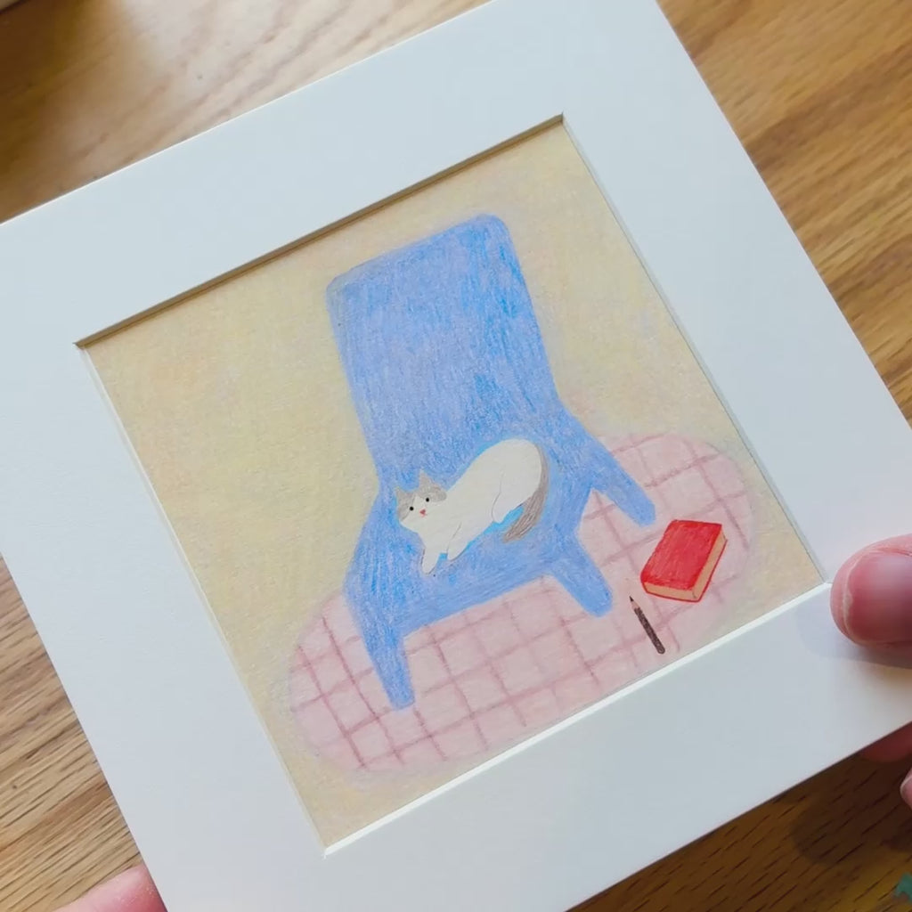 Cozy Cat on Blue Chair – Original Art Print | Australian Artist
